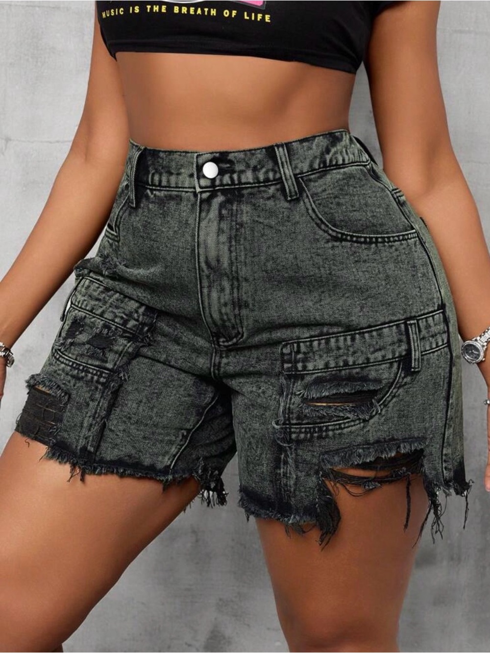 ✨ Trendy Washed Black High-Rise Distressed Cargo Shorts ✨